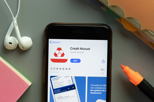 New York, USA - 1 December 2020: Credit Mutuel mobile app icon on phone screen top view, Illustrative Editorial