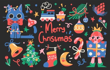 Set of Cute Merry Christmas and Happy New Year Illustrations or stickers. Festive christmas characters and objects. Vector