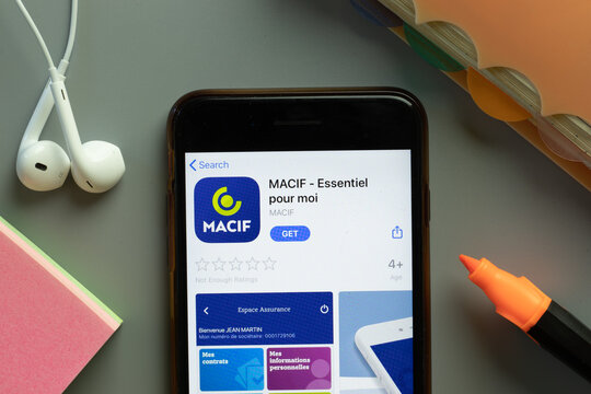 New York, USA - 1 December 2020: MACIF Essentiel pour moi mobile app icon on phone screen top view, Illustrative Editorial