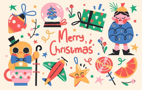 Set of Cute Merry Christmas and Happy New Year Illustrations or stickers. Festive christmas characters and objects. Vector
