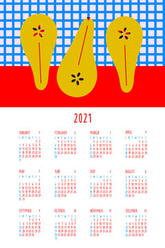 Wall Calendar Page 2021 Year. Pear Modern Still Life Vector. Abstract Flat Fruits. 12 Months On The Page. Blue, Red, Yellow Summer Print. Kitchen Decor Wall Calendar