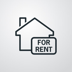 Logotipo con casa con cartel con texto FOR RENT con lineas en fondo gris