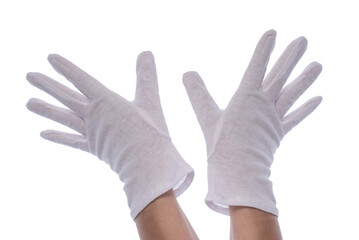 hands wearing white fabric gloves isolated on white background
