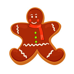 Christmas gingerbread cookie. Cheerful man with a scarf. Vector illustration isolated on white background.