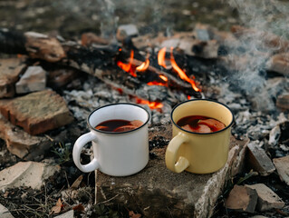 Two metal mugs with mulled wine stand near the fire. Autumn picnic.