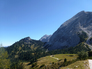 Fototapeta na wymiar Mountain hiking tour to Partenkirchner Dreitorspitze mountain, Bavaria, Germany