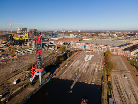Top down view of NDSM warf in Amsterdam North The Netherlands old industrial shipyard.