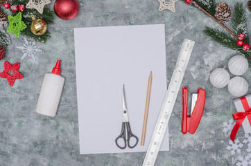 Christmas diy craft, making three-dimensional paper decor for decorating a room. Step-by-step instructions. Step 1 - preparation of materials - paper, glue, scissors