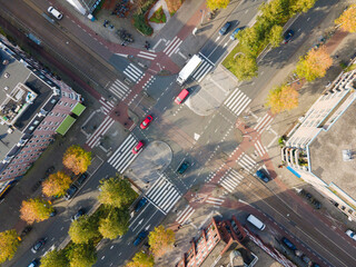 Crossroad crossing aerial view in Amsterdam traffic intersection in city urban The Netherlands