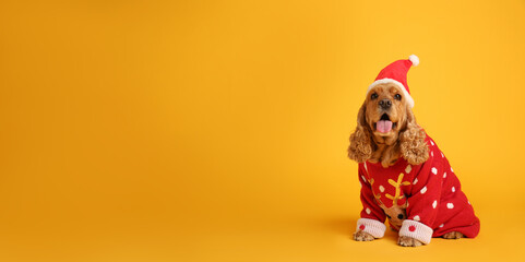 Adorable Cocker Spaniel in Christmas sweater and Santa hat on yellow background, space for text
