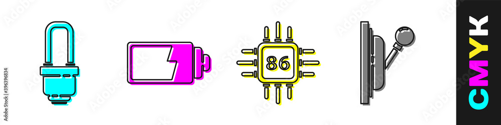 Poster set led light bulb, battery charge level indicator, processor with microcircuits cpu and electrical 