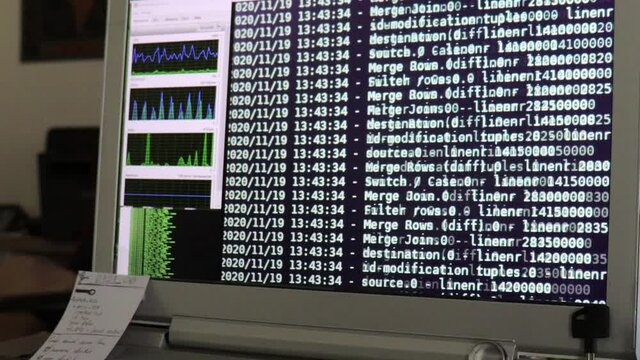 White computer software code moving on a black monitor. Computer hacking in process, dynamic text running and flowing on pc screen.