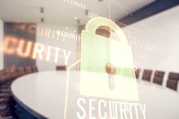 Double exposure of virtual creative lock hologram with chip on a modern meeting room background....