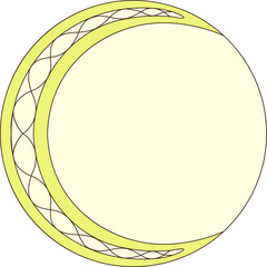Celtic yellow moon, graphic circular pattern with black outline.