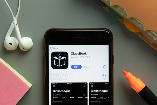 New York, USA - 1 December 2020: ClassBook mobile app icon on phone screen top view, Illustrative Editorial