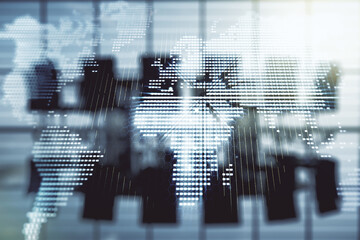 Double exposure of abstract digital world map hologram on a modern boardroom background, big data and blockchain concept