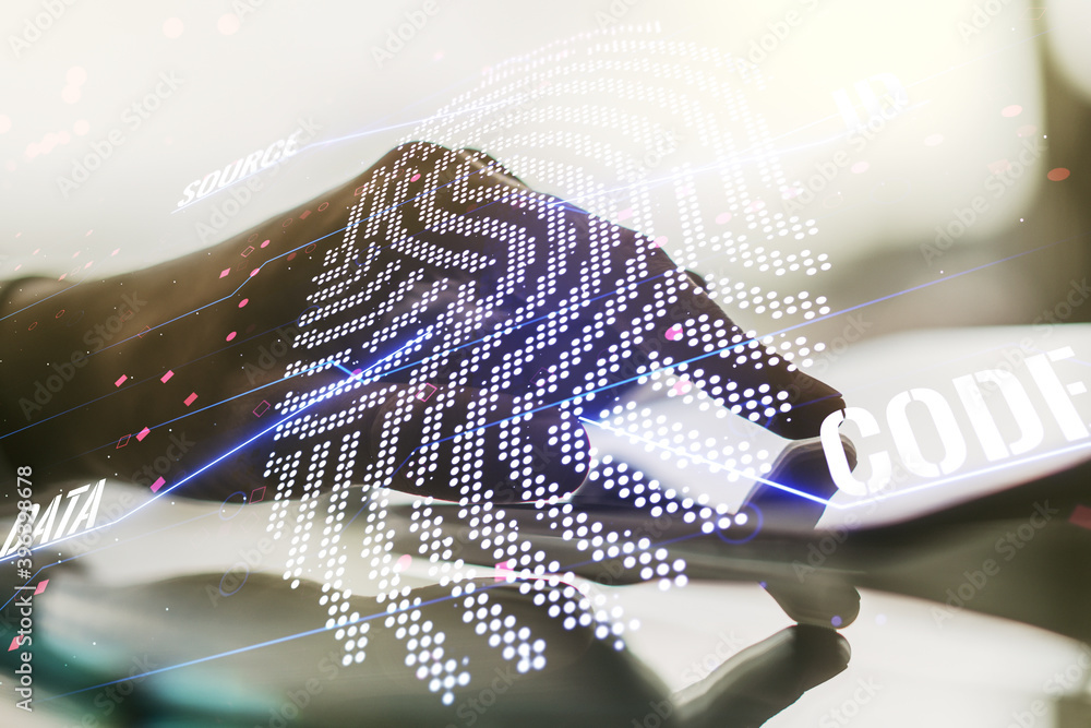 Aufkleber abstract creative fingerprint concept with finger clicks on a digital tablet on background. multiexp