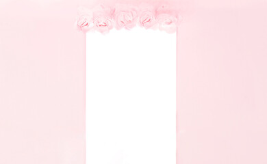 Festive concept with notebook and rosebuds on pink background. Valentines Day. Template mock up of...