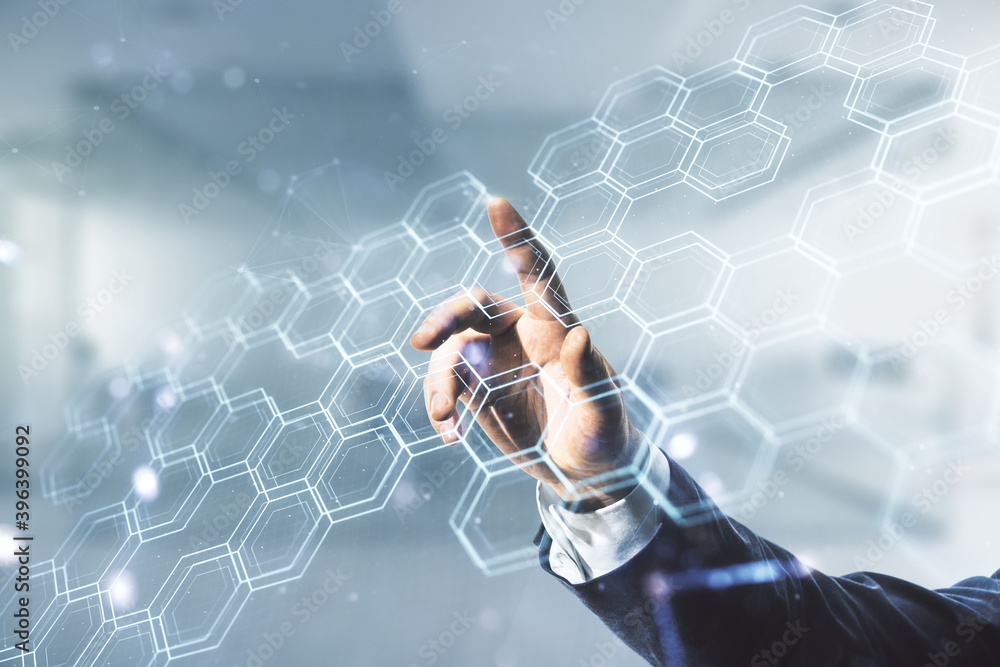 Poster double exposure of male hand working with abstract virtual technology hologram with hexagon on blurr