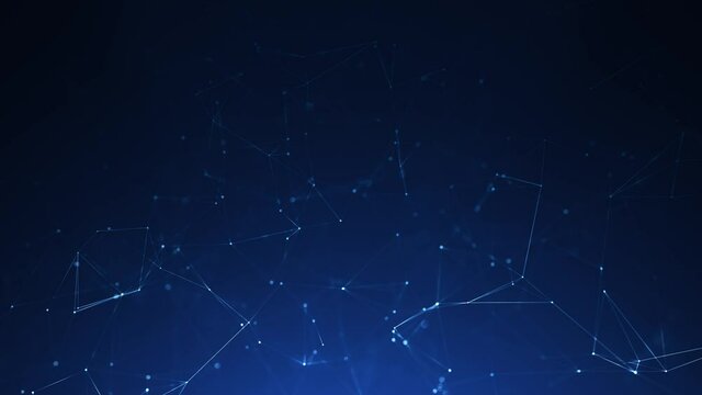 Abstract connected moving dots and lines on dark blue background. Communication and technology network concept.
