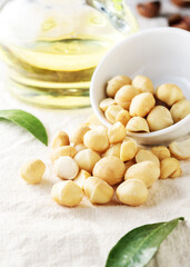 Purified macadamia nuts with a bottle of oil on a light background.