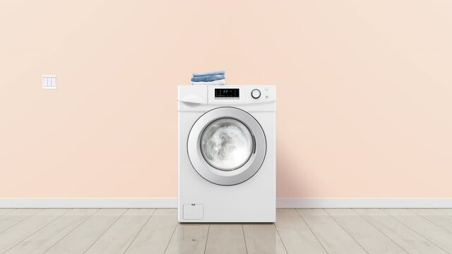 Modern laundry machine washing clothes. Pastel colours. Seamless loop realistic animation with sound.