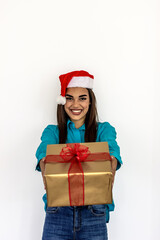 appy woman holding a gift box isolated on white background. Portrait of cheerful Caucasian holding a wrapped gift. Portrait of young lovely sweet girl lady, wearing green top, carrying gift box.