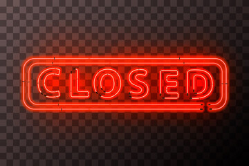 Bright red neon closed sign with rectangle frame on transparent