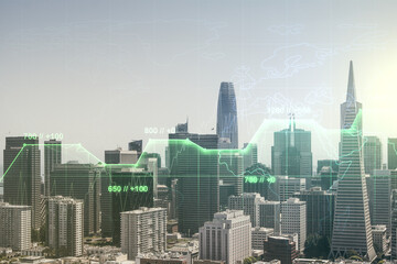 Abstract virtual analytics data spreadsheet on San Francisco cityscape background, analytics and analysis concept. Multiexposure