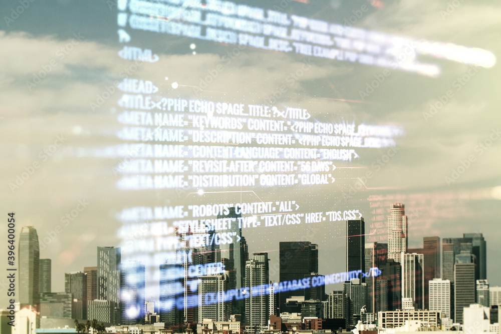 Poster multi exposure of abstract programming language hologram on los angeles office buildings background,