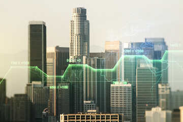 Abstract virtual stats data hologram on Los Angeles skyline background. Multiexposure