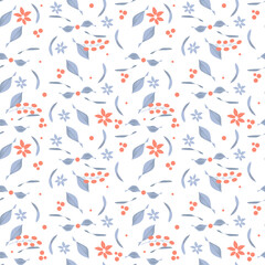 Seamless pattern with small image of natural bushes, berries, leaves in style of watercolor drawing. Vector illustration in light blue, pink pastel colors for design of holiday card, banner, stories.