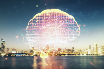 Double exposure of creative artificial Intelligence interface on Chicago city skyscrapers...
