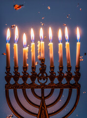 Menorah with nine burning candles. Jewish holiday Hanukkah.