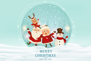 Merry Christmas. Happy new year. Funny Santa Claus with Mrs. Claus, red-nosed Reindeer, snowman in Christmas snow scene winter landscape. Mrs. Claus Together. Vector cartoon character of Santa Claus