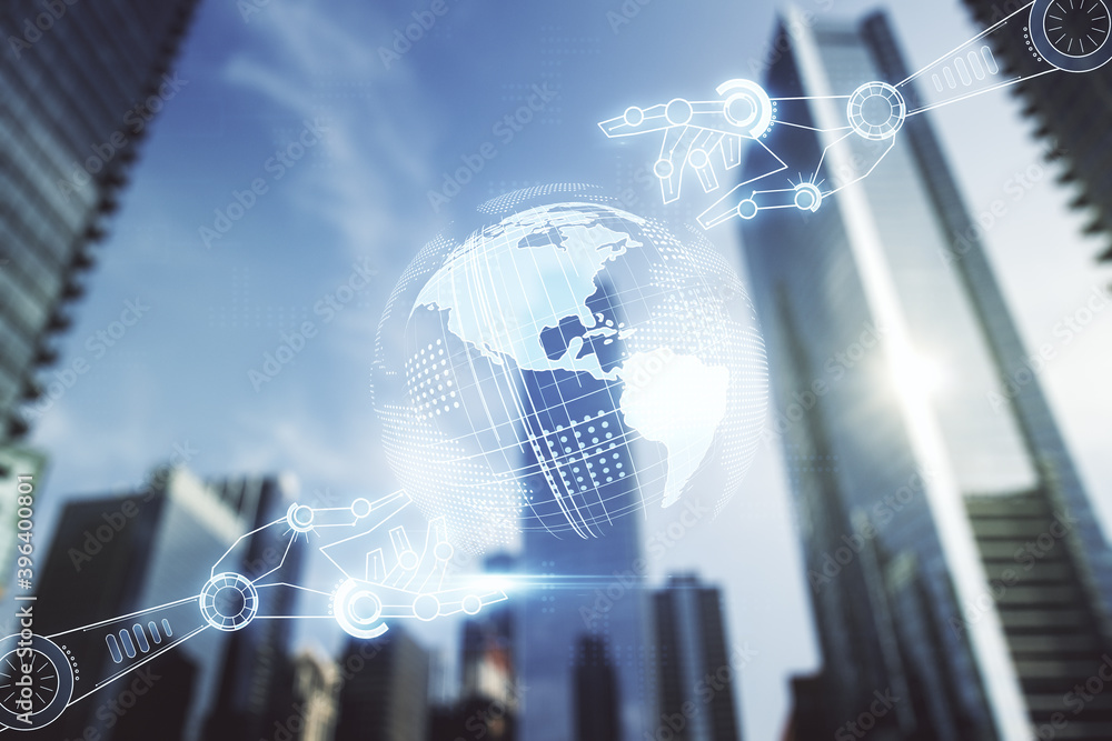 Poster double exposure of abstract virtual robotics technology with world map hologram on modern skyscraper