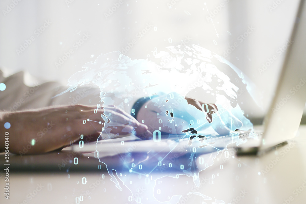 Poster abstract creative coding illustration with world map and hands typing on laptop on background, inter