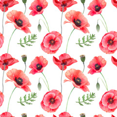 Seamless pattern with red poppies. Watercolor flowers isolated on white. Hand painting illustration for interior decoration, textile printing, printed issues, invitation and greeting cards.