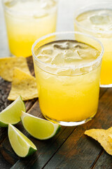 Citrus margaritas served in salt rimmed glasses with chips and lime slices