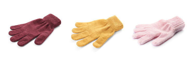 Set of woolen gloves on white background. Banner design