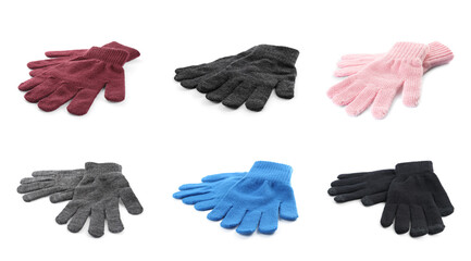 Set of woolen gloves on white background. Banner design