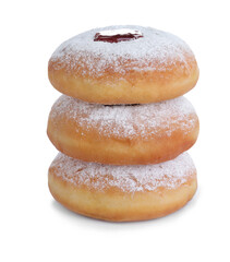 Hanukkah doughnuts with jelly and sugar powder on white background