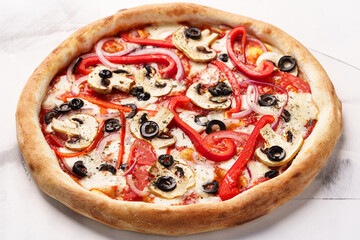Italian vegetable Pizza with Mushrooms champignons, bell peppers, olives, Crimean onions, tomatoes, tomato sauce