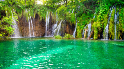 Amazing waterfalls landscape in Plitvice Lakes, Croatia