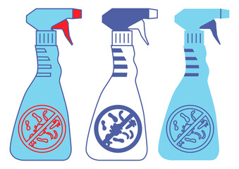 Bottles with prohibition bacterium sign. Household chemical bottles. Disinfection sprays in blue color. Disinfectant containers with antibacterial liquid. Washing or alcohol spray. Vector
