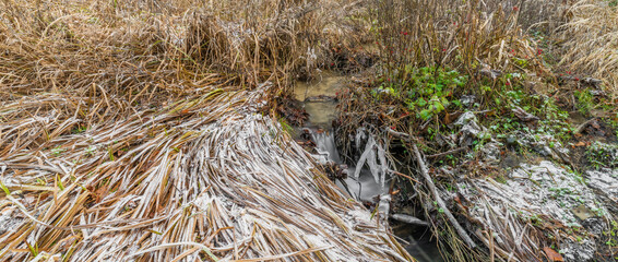 High flow of creek Bystricka near Bystrice pod Hostynem town in east Moravia