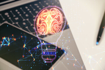 Creative light bulb illustration with human brain on modern computer background, future technology concept. Multiexposure