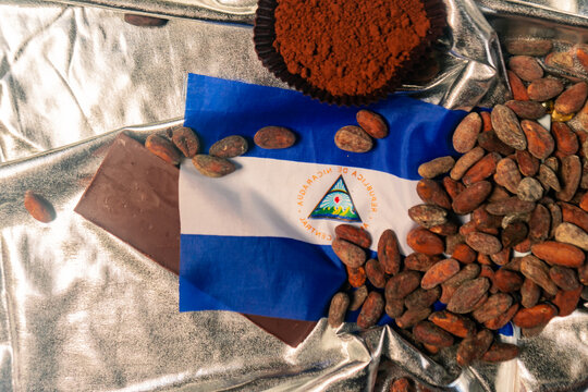 Nicaraguan premium chocolate concept. Cocoa beans, powder and chocolate bar on a silver background. - Powered by Adobe