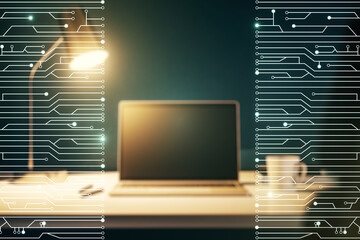 Creative abstract micro circuit sketch on modern laptop background, future technology and AI concept. Double exposure