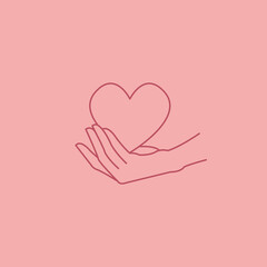 Woman hand holding a heart, logo template for your design, line art style. Vector illustration